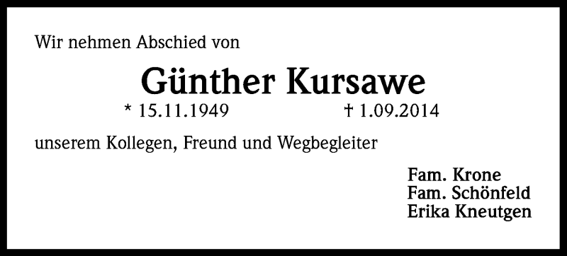  Traueranzeige für Günther  Kursawe vom 23.09.2014 aus Kölner Stadt-Anzeiger / Kölnische Rundschau / Express