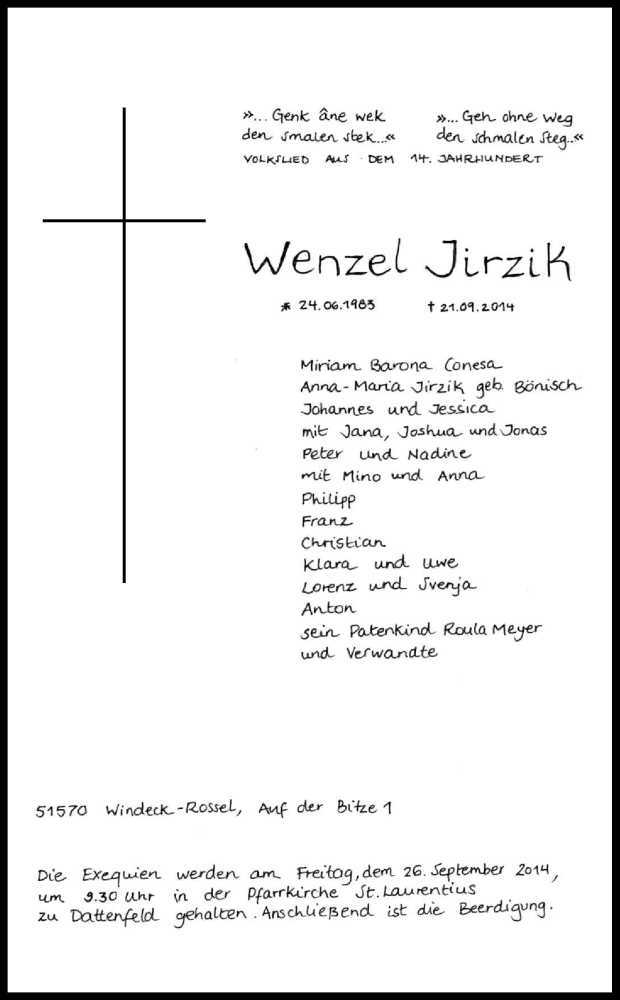  Traueranzeige für Wenzel Jirzik vom 24.09.2014 aus Kölner Stadt-Anzeiger / Kölnische Rundschau / Express