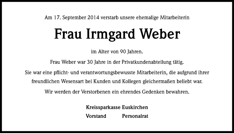  Traueranzeige für Irmgard Weber vom 24.09.2014 aus Kölner Stadt-Anzeiger / Kölnische Rundschau / Express