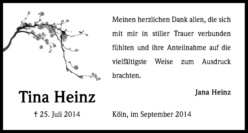  Traueranzeige für Tina Heinz vom 27.09.2014 aus Kölner Stadt-Anzeiger / Kölnische Rundschau / Express