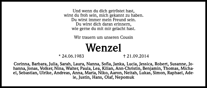  Traueranzeige für Wenzel Jirzik vom 25.09.2014 aus Kölner Stadt-Anzeiger / Kölnische Rundschau / Express