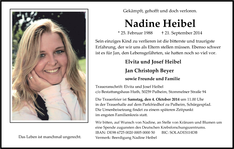  Traueranzeige für Nadine Heibel vom 27.09.2014 aus Kölner Stadt-Anzeiger / Kölnische Rundschau / Express