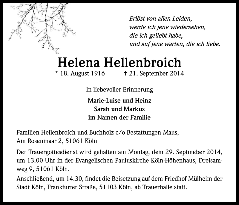  Traueranzeige für Helena Hellenbroich vom 27.09.2014 aus Kölner Stadt-Anzeiger / Kölnische Rundschau / Express
