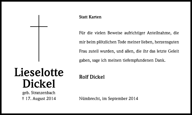  Traueranzeige für Lieselotte Dickel vom 27.09.2014 aus Kölner Stadt-Anzeiger / Kölnische Rundschau / Express
