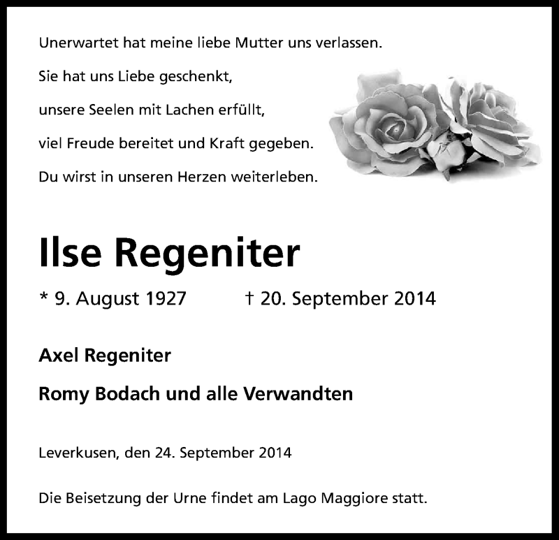  Traueranzeige für Ilse Regeniter vom 27.09.2014 aus Kölner Stadt-Anzeiger / Kölnische Rundschau / Express
