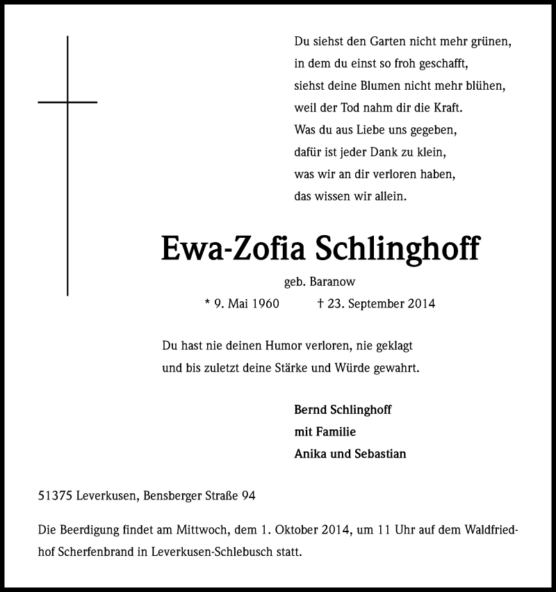  Traueranzeige für Ewa-Zofia Schlinghoff vom 27.09.2014 aus Kölner Stadt-Anzeiger / Kölnische Rundschau / Express