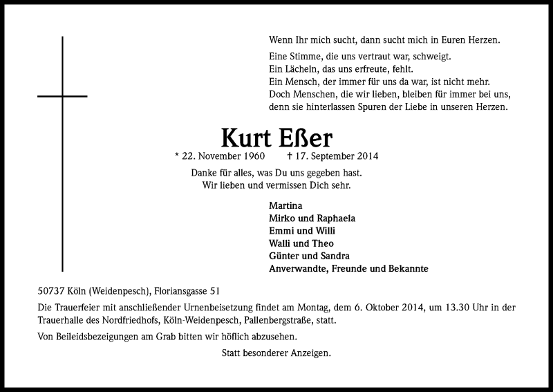  Traueranzeige für Kurt Eßer vom 01.10.2014 aus Kölner Stadt-Anzeiger / Kölnische Rundschau / Express