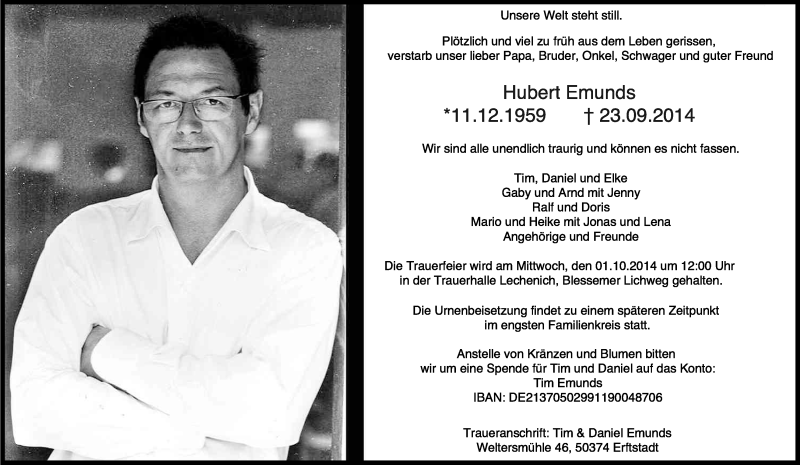  Traueranzeige für Hubert Emunds vom 27.09.2014 aus Kölner Stadt-Anzeiger / Kölnische Rundschau / Express