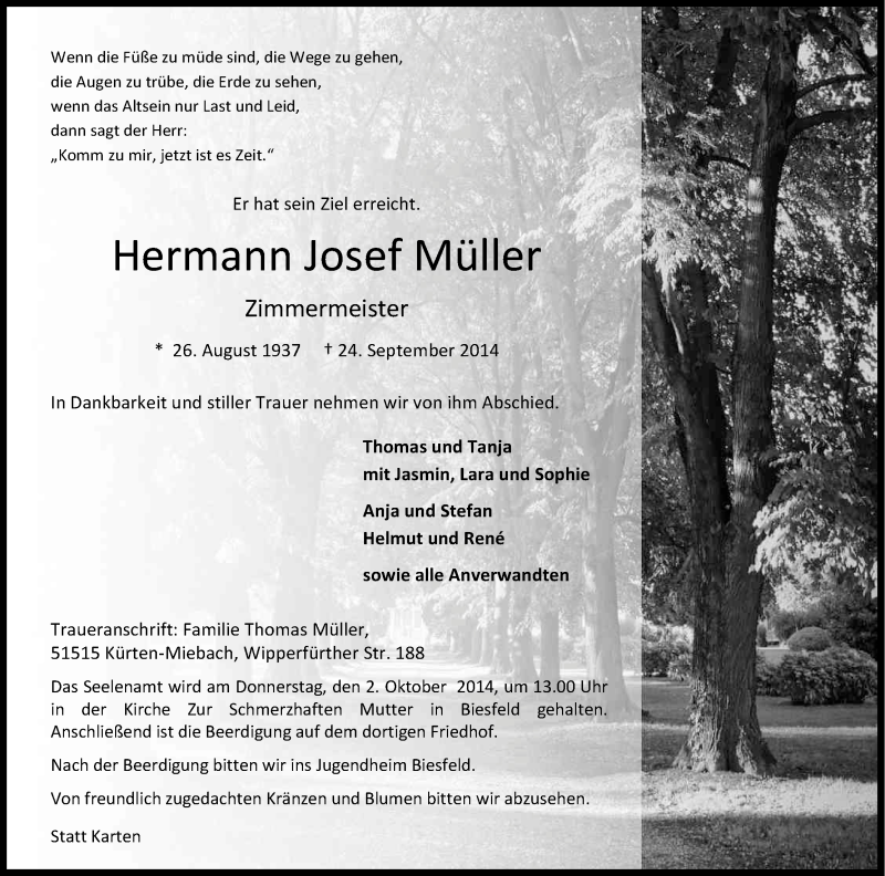 Traueranzeige für Hermann Josef Müller vom 27.09.2014 aus Kölner Stadt-Anzeiger / Kölnische Rundschau / Express