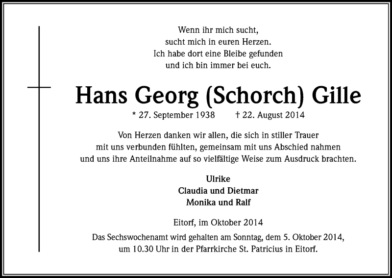  Traueranzeige für Hans Georg Gille vom 04.10.2014 aus Kölner Stadt-Anzeiger / Kölnische Rundschau / Express