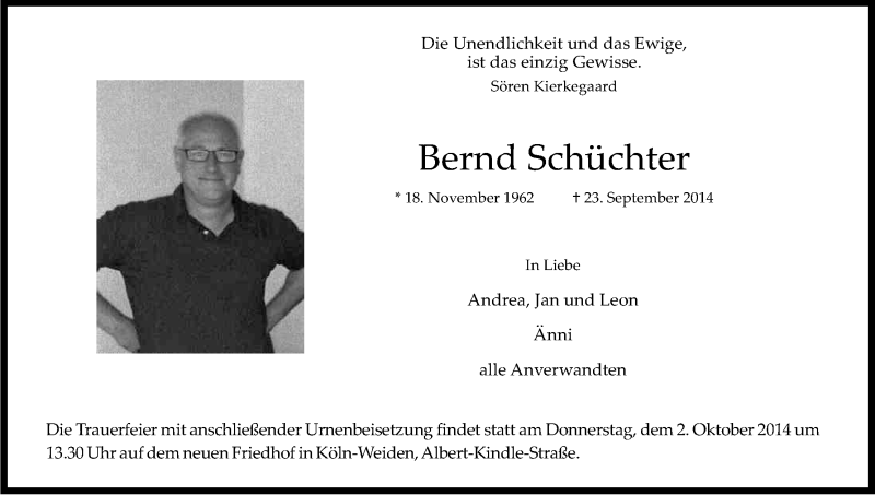  Traueranzeige für Bernd Schüchter vom 30.09.2014 aus Kölner Stadt-Anzeiger / Kölnische Rundschau / Express