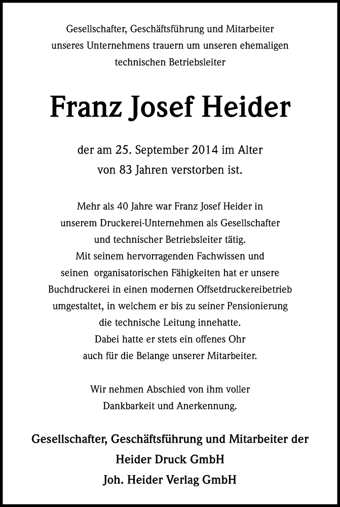  Traueranzeige für Franz Josef Heider vom 01.10.2014 aus Kölner Stadt-Anzeiger / Kölnische Rundschau / Express