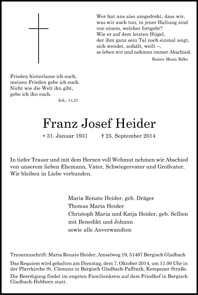  Traueranzeige für Franz Josef Heider vom 01.10.2014 aus Kölner Stadt-Anzeiger / Kölnische Rundschau / Express