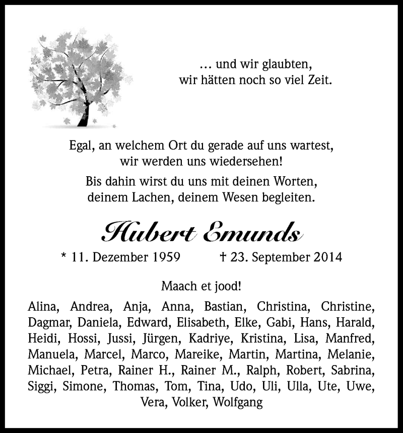  Traueranzeige für Hubert Emunds vom 08.10.2014 aus Kölner Stadt-Anzeiger / Kölnische Rundschau / Express