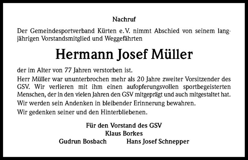  Traueranzeige für Hermann Josef Müller vom 01.10.2014 aus Kölner Stadt-Anzeiger / Kölnische Rundschau / Express