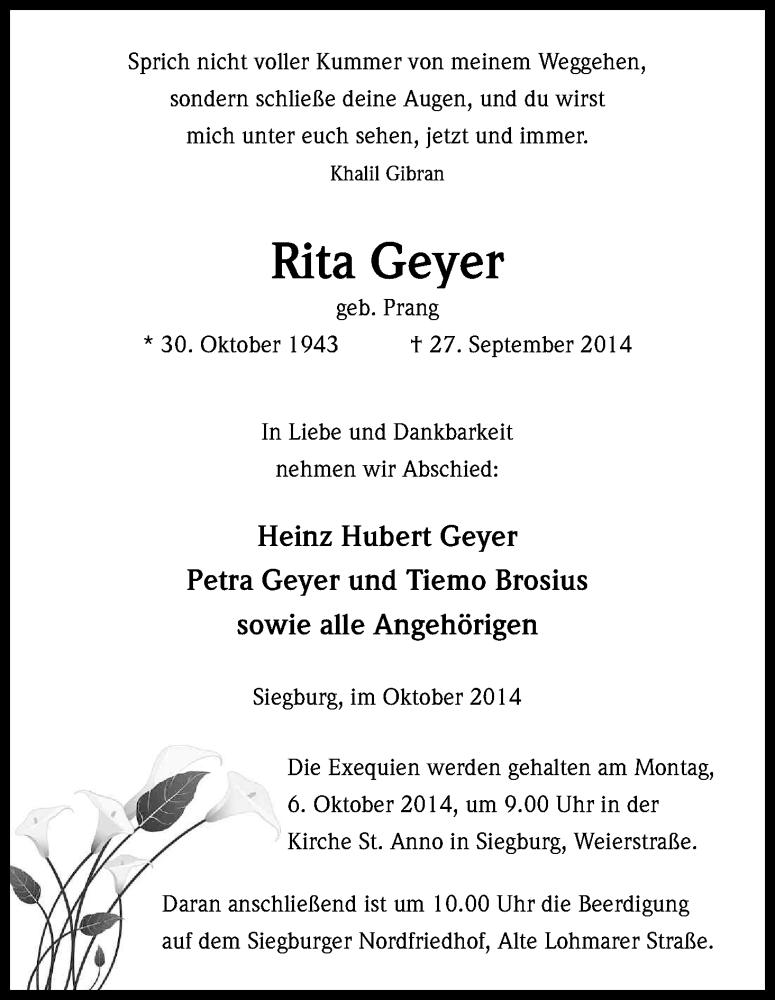  Traueranzeige für Rita Geyer vom 02.10.2014 aus Kölner Stadt-Anzeiger / Kölnische Rundschau / Express