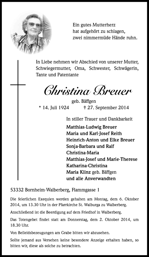  Traueranzeige für Christina Breuer vom 02.10.2014 aus Kölner Stadt-Anzeiger / Kölnische Rundschau / Express