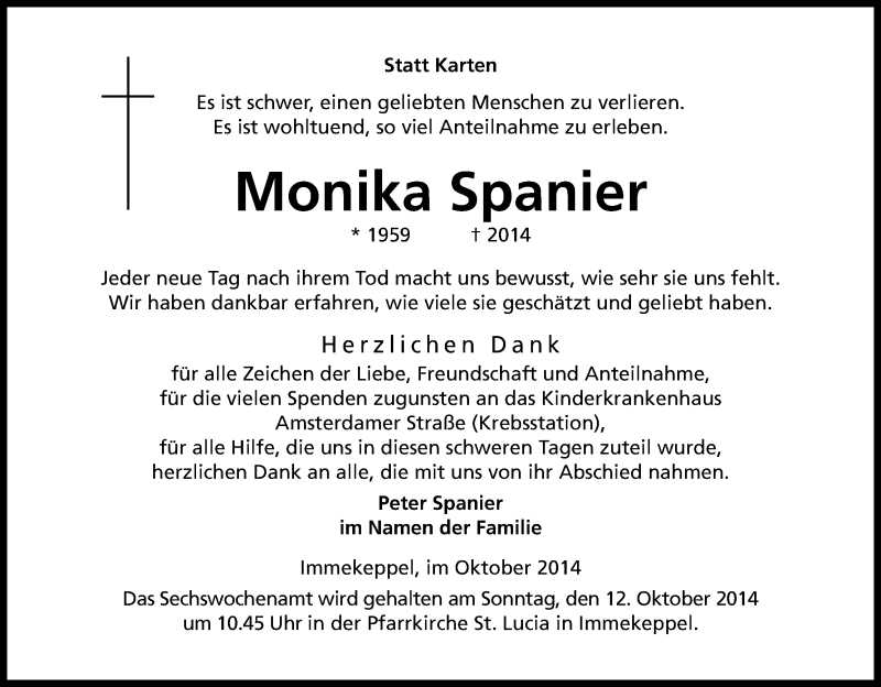  Traueranzeige für Monika Spanier vom 04.10.2014 aus Kölner Stadt-Anzeiger / Kölnische Rundschau / Express