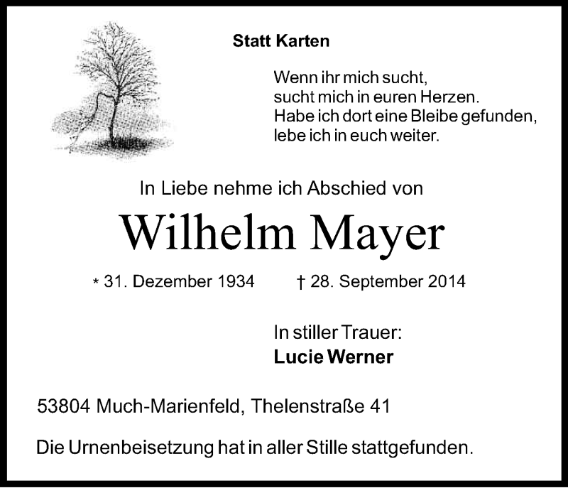  Traueranzeige für Wilhelm Mayer vom 04.10.2014 aus Kölner Stadt-Anzeiger / Kölnische Rundschau / Express