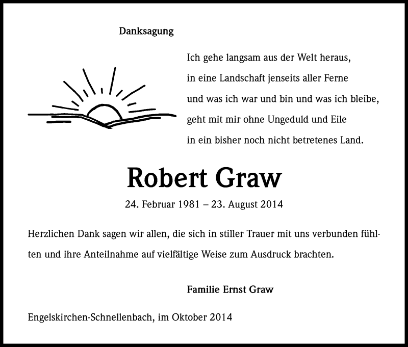  Traueranzeige für Robert Graw vom 11.10.2014 aus Kölner Stadt-Anzeiger / Kölnische Rundschau / Express