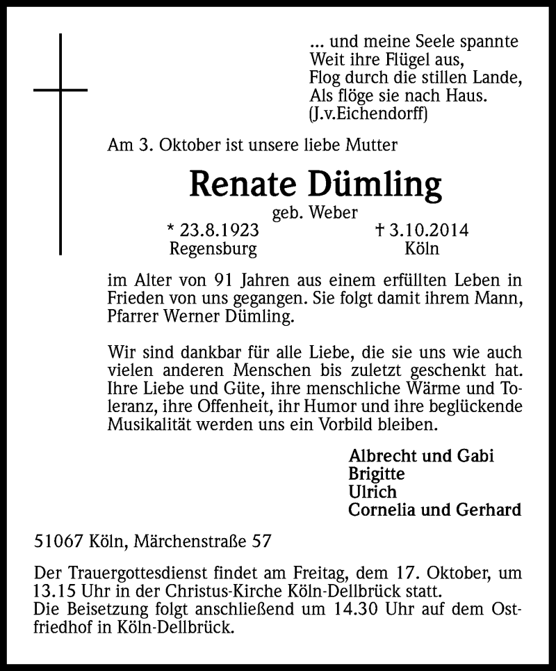  Traueranzeige für Renate Dümling vom 11.10.2014 aus Kölner Stadt-Anzeiger / Kölnische Rundschau / Express