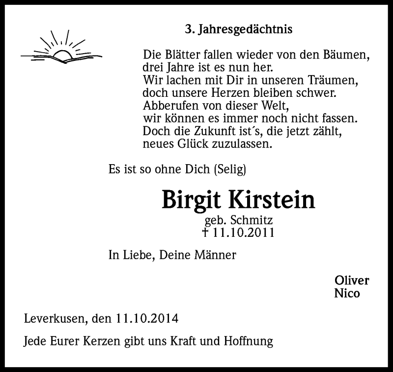  Traueranzeige für Birgit Kirstein vom 11.10.2014 aus Kölner Stadt-Anzeiger / Kölnische Rundschau / Express