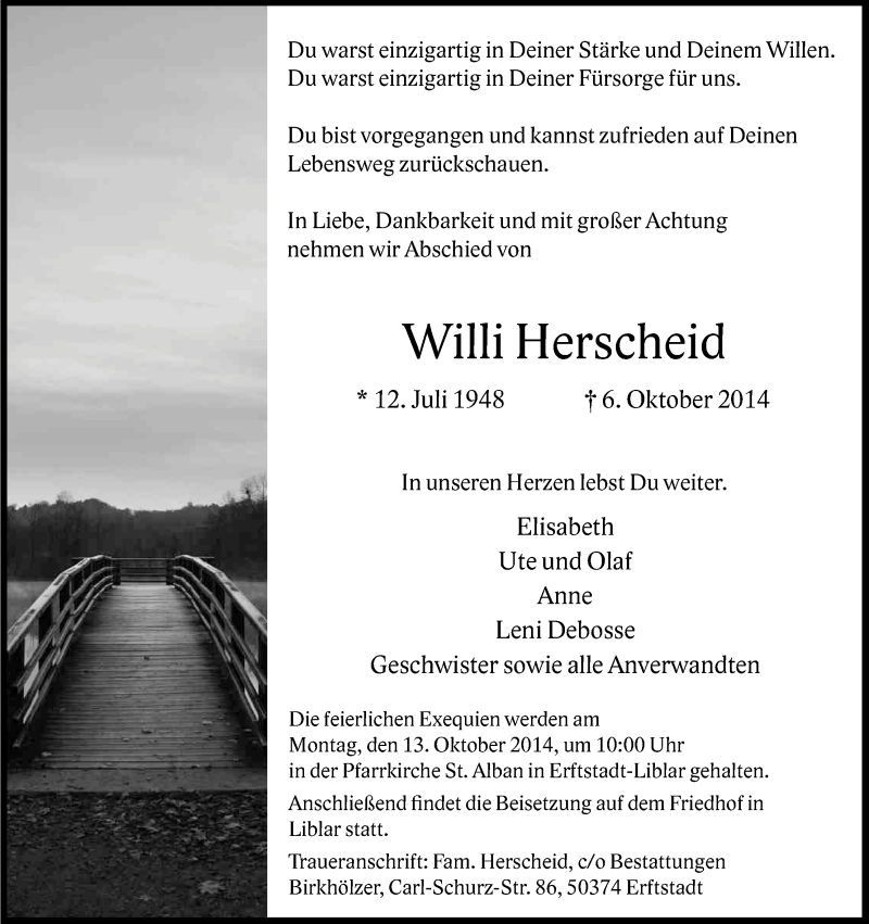  Traueranzeige für Willi Herscheid vom 11.10.2014 aus Kölner Stadt-Anzeiger / Kölnische Rundschau / Express