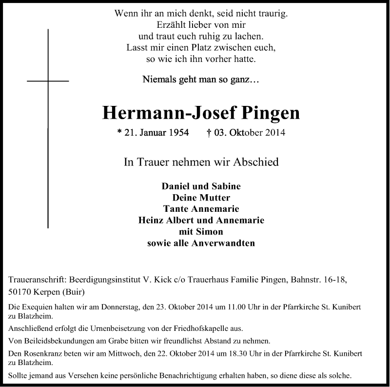  Traueranzeige für Hermann-Josef Pingen vom 18.10.2014 aus Kölner Stadt-Anzeiger / Kölnische Rundschau / Express