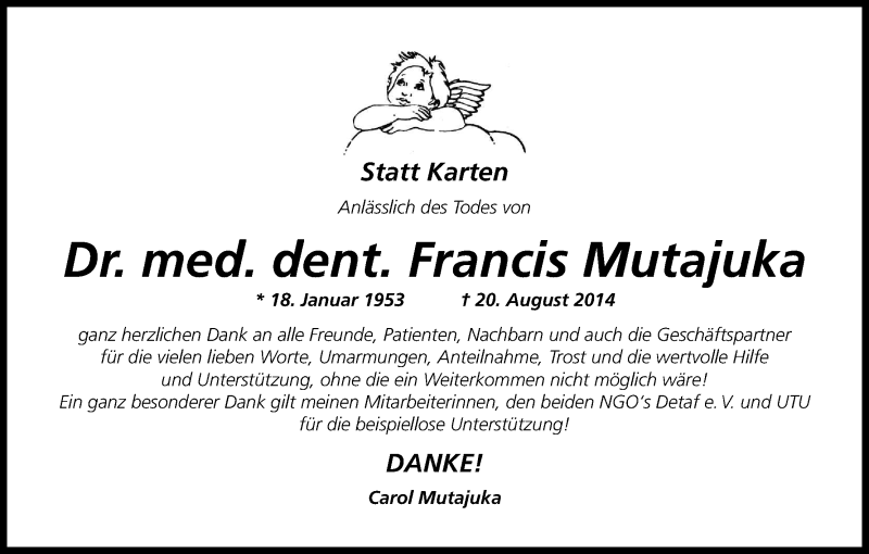  Traueranzeige für Francis Mutajuka vom 11.10.2014 aus Kölner Stadt-Anzeiger / Kölnische Rundschau / Express