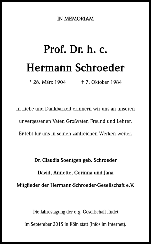  Traueranzeige für Hermann Schroeder vom 11.10.2014 aus Kölner Stadt-Anzeiger / Kölnische Rundschau / Express