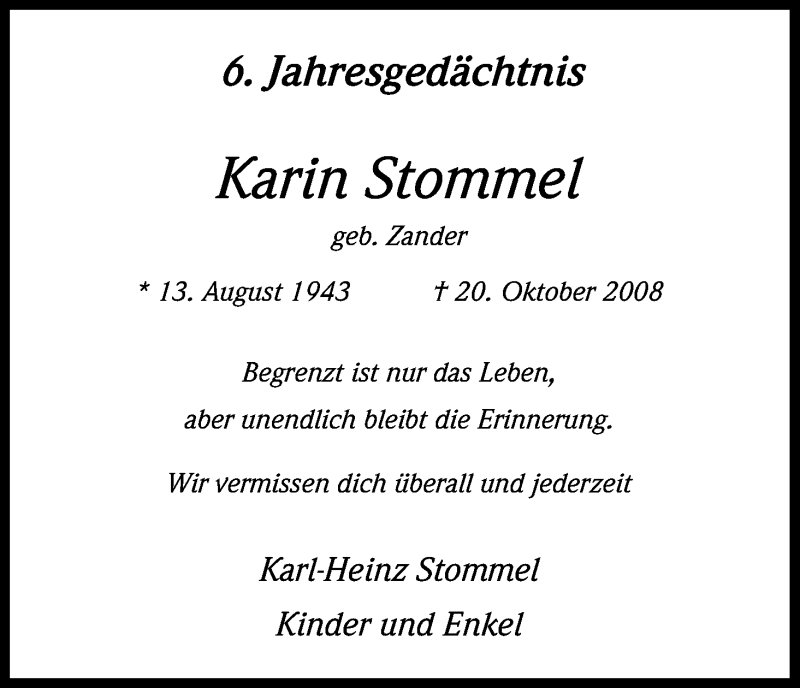 Traueranzeige für Karin Stommel vom 20.10.2014 aus Kölner Stadt-Anzeiger / Kölnische Rundschau / Express