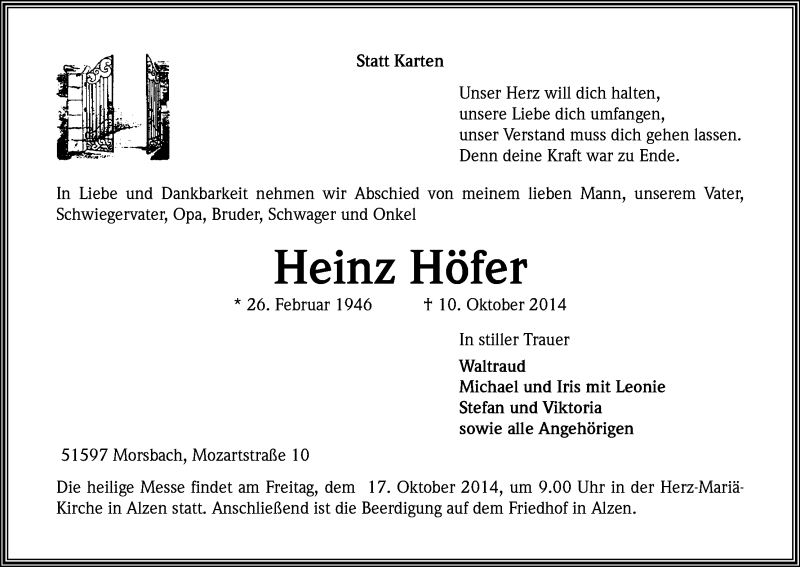 Traueranzeige für Heinz Höfer vom 14.10.2014 aus Kölner Stadt-Anzeiger / Kölnische Rundschau / Express