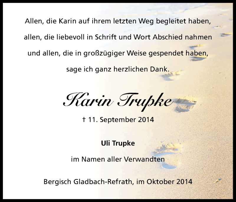  Traueranzeige für Karin Trupke vom 15.10.2014 aus Kölner Stadt-Anzeiger / Kölnische Rundschau / Express