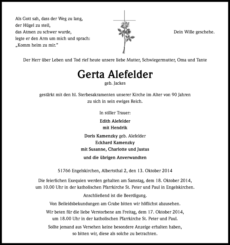  Traueranzeige für Gerta Alefelder vom 15.10.2014 aus Kölner Stadt-Anzeiger / Kölnische Rundschau / Express