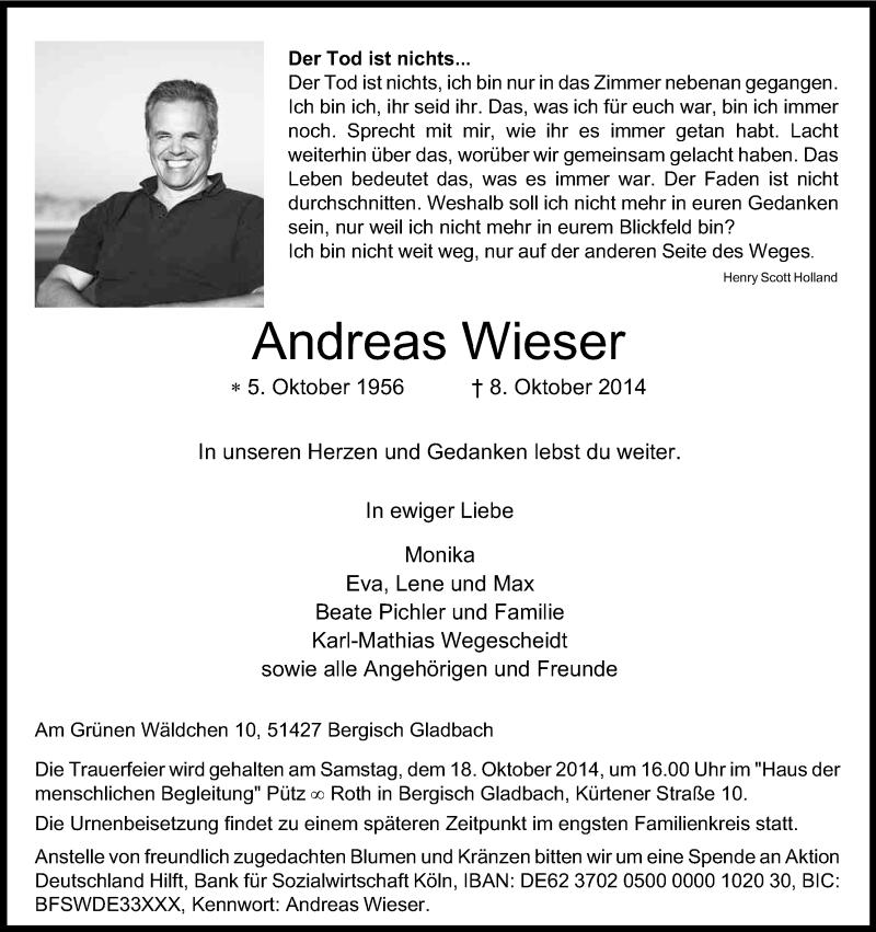  Traueranzeige für Andreas Wieser vom 15.10.2014 aus Kölner Stadt-Anzeiger / Kölnische Rundschau / Express