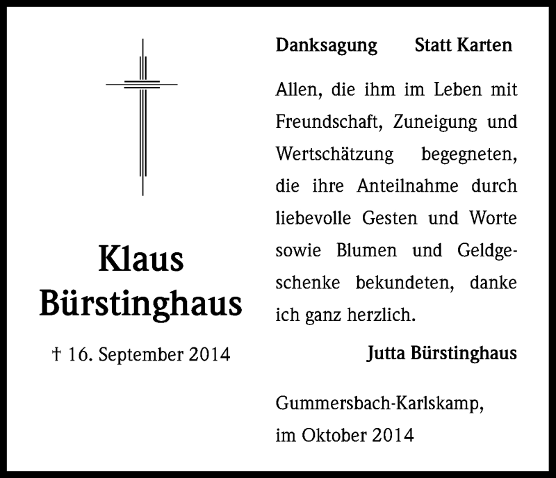  Traueranzeige für Klaus Bürstinghaus vom 18.10.2014 aus Kölner Stadt-Anzeiger / Kölnische Rundschau / Express