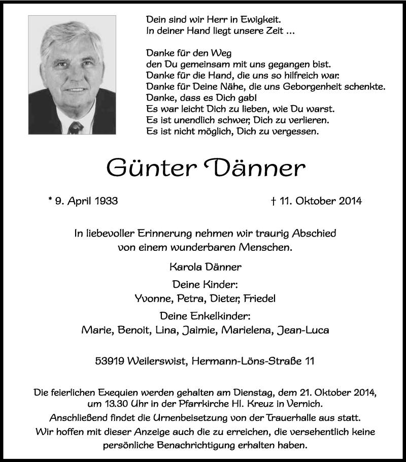  Traueranzeige für Günter Dänner vom 17.10.2014 aus Kölner Stadt-Anzeiger / Kölnische Rundschau / Express