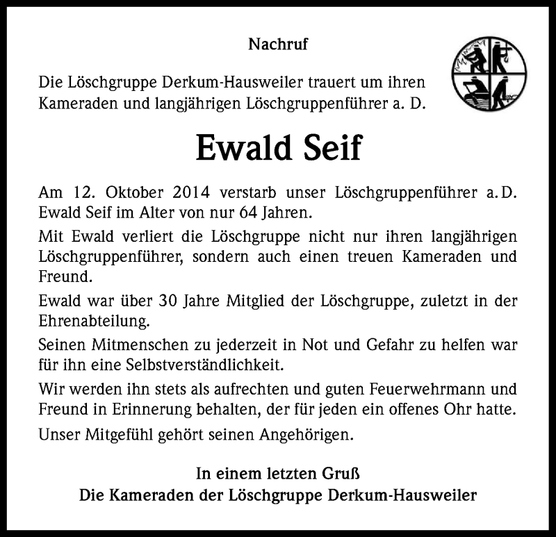  Traueranzeige für Ewald Seif vom 17.10.2014 aus Kölner Stadt-Anzeiger / Kölnische Rundschau / Express