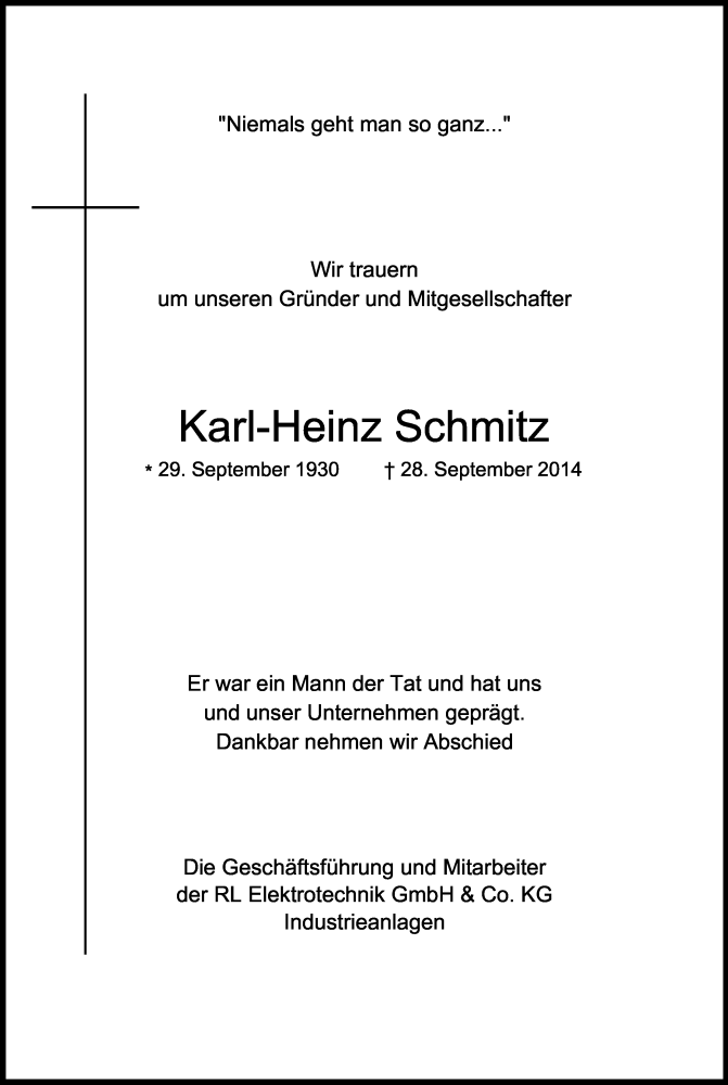  Traueranzeige für Karl-Heinz Schmitz vom 18.10.2014 aus Kölner Stadt-Anzeiger / Kölnische Rundschau / Express