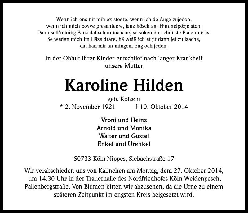  Traueranzeige für Karoline Hilden vom 18.10.2014 aus Kölner Stadt-Anzeiger / Kölnische Rundschau / Express