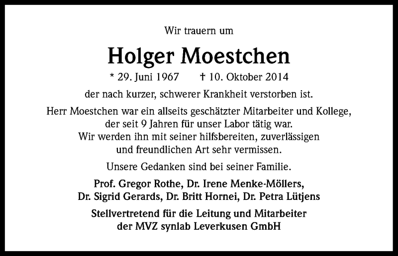  Traueranzeige für Holger Moestchen vom 18.10.2014 aus Kölner Stadt-Anzeiger / Kölnische Rundschau / Express