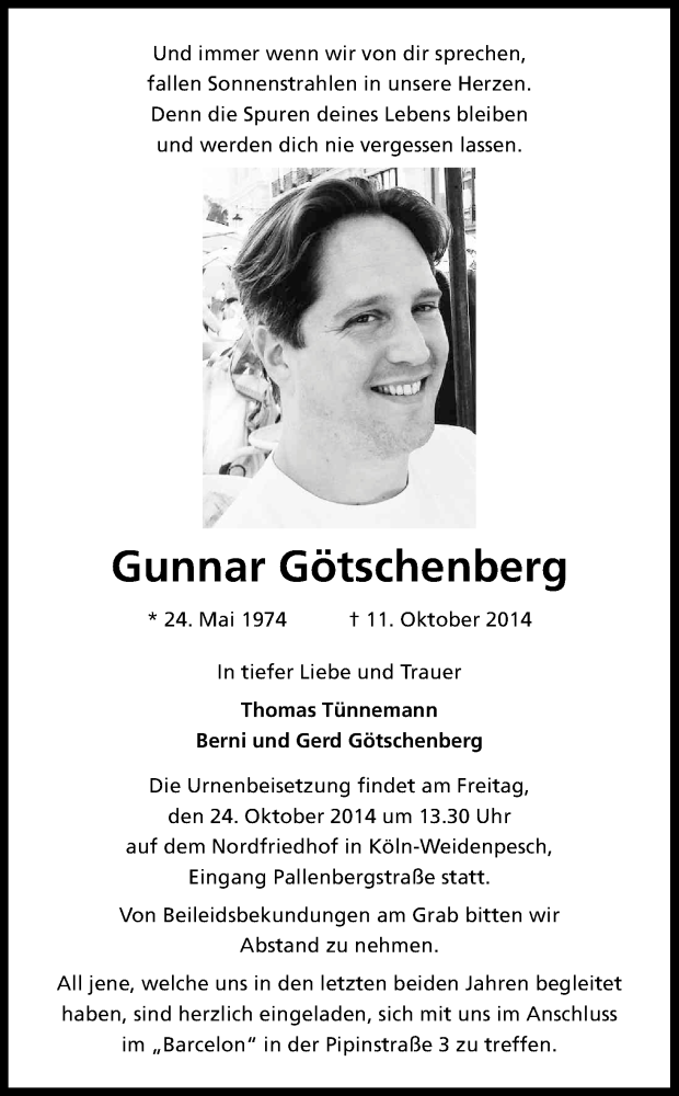  Traueranzeige für Gunnar Götschenberg vom 18.10.2014 aus Kölner Stadt-Anzeiger / Kölnische Rundschau / Express