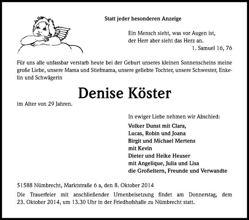  Traueranzeige für Denise Köster vom 18.10.2014 aus Kölner Stadt-Anzeiger / Kölnische Rundschau / Express
