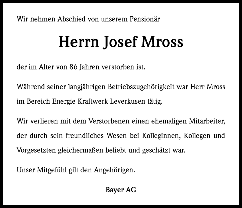  Traueranzeige für Josef Mross vom 21.10.2014 aus Kölner Stadt-Anzeiger / Kölnische Rundschau / Express
