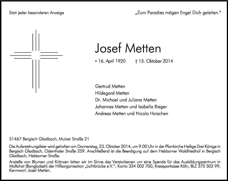  Traueranzeige für Josef Metten vom 18.10.2014 aus Kölner Stadt-Anzeiger / Kölnische Rundschau / Express