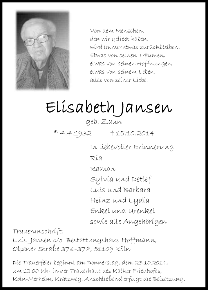  Traueranzeige für Elisabeth Jansen vom 18.10.2014 aus Kölner Stadt-Anzeiger / Kölnische Rundschau / Express
