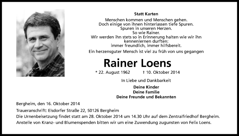  Traueranzeige für Rainer Loens vom 18.10.2014 aus Kölner Stadt-Anzeiger / Kölnische Rundschau / Express