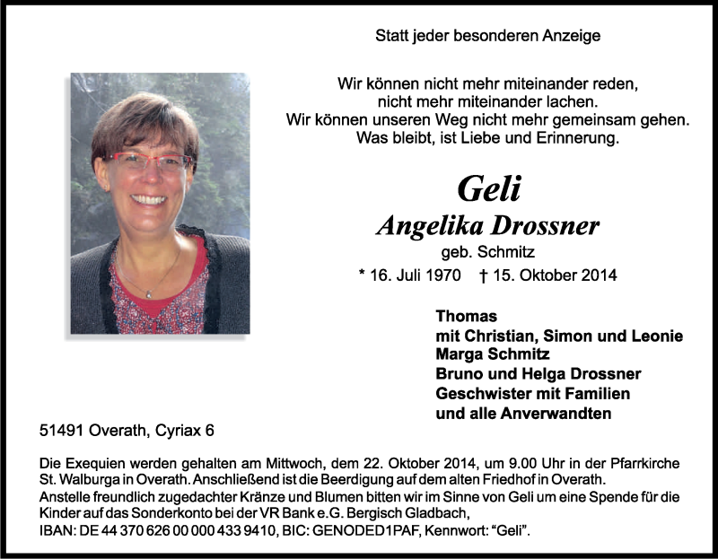  Traueranzeige für Angelika Drossner vom 18.10.2014 aus Kölner Stadt-Anzeiger / Kölnische Rundschau / Express