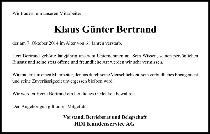  Traueranzeige für Klaus Günter Bertrand vom 18.10.2014 aus Kölner Stadt-Anzeiger / Kölnische Rundschau / Express