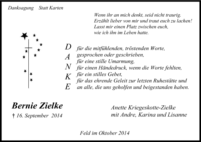  Traueranzeige für Bernie Zielke vom 18.10.2014 aus Kölner Stadt-Anzeiger / Kölnische Rundschau / Express